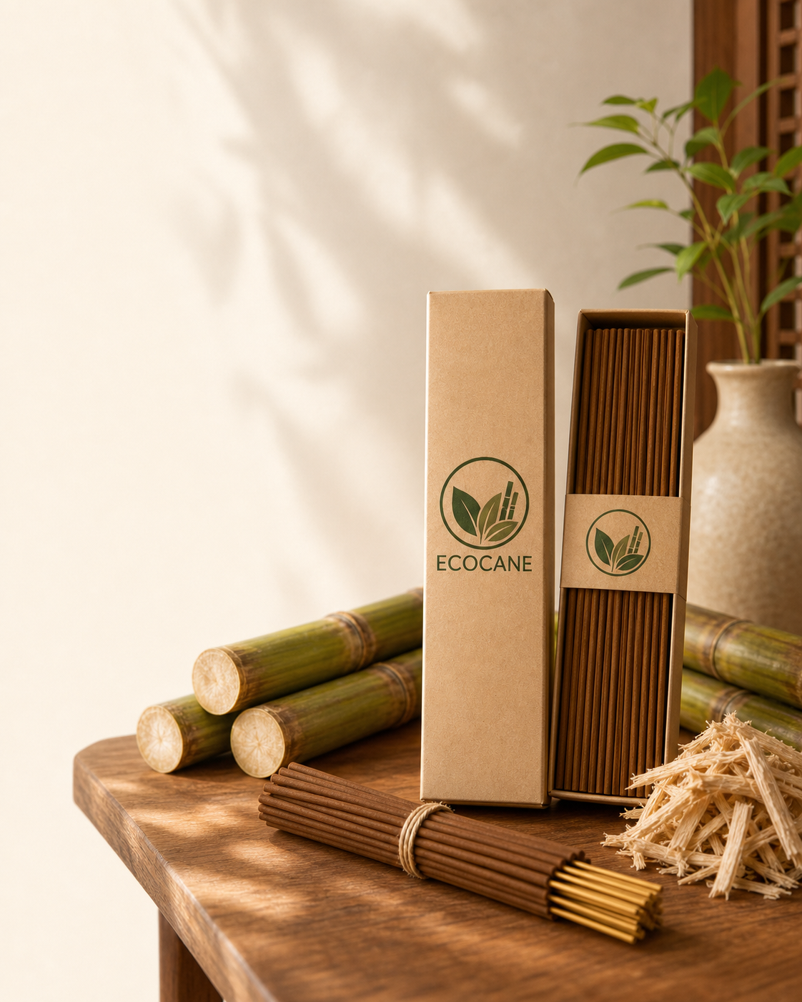 Sản phẩm nhang EcoCane cùng nguyên liệu bã mía