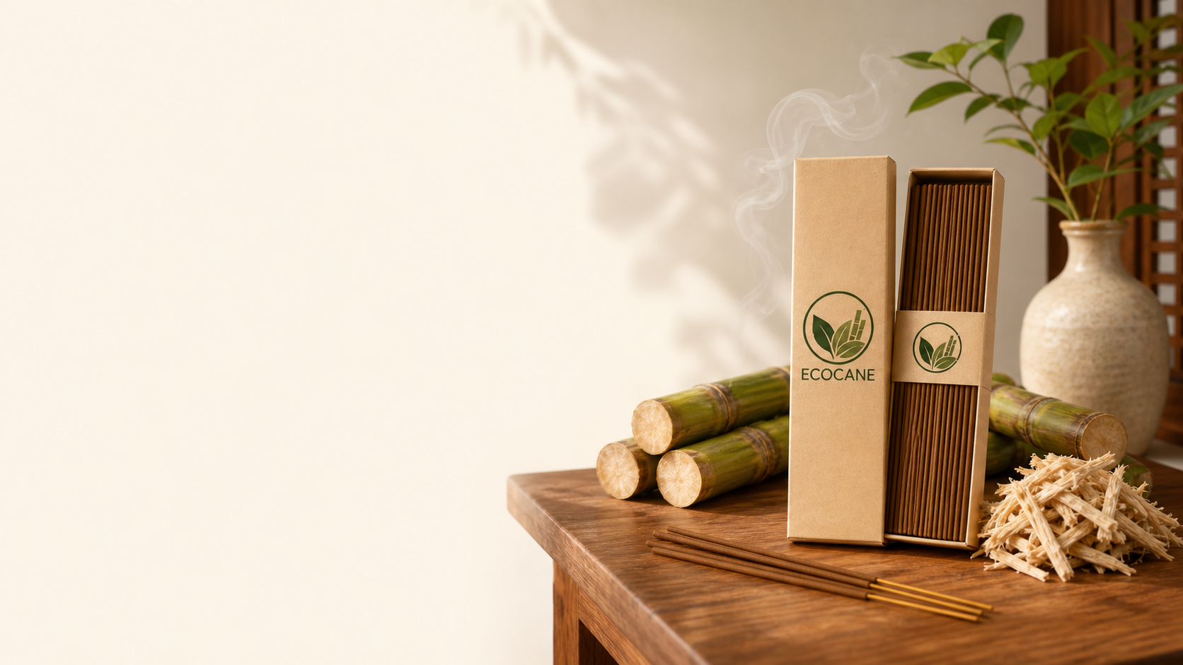Hộp nhang sinh học EcoCane đặt cạnh mía và bã mía